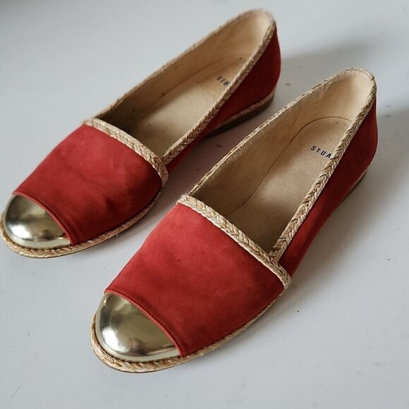 STUART WEITZMAN |Suede Espadrille Flats Wicker Trim Gold Toe Loafers Red Sz 8.5N - Picture 2 of 7